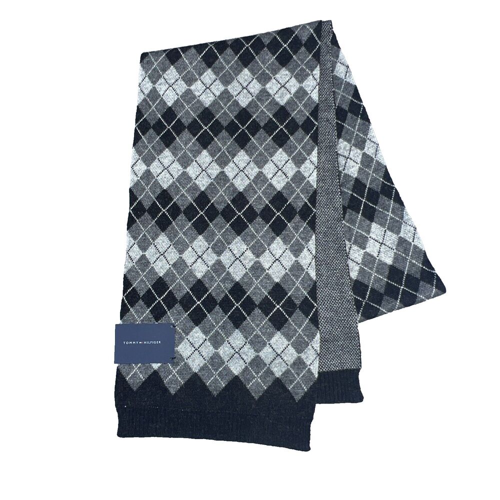 Tommy Hilfiger Black Gray Argyle Pattern College Style Double Sided Scarf NWT
